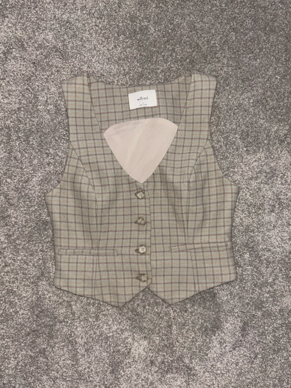 Size 2 Aritzia Wilfred Wool Blend Plaid Button-Up Vest in Beige and Olive